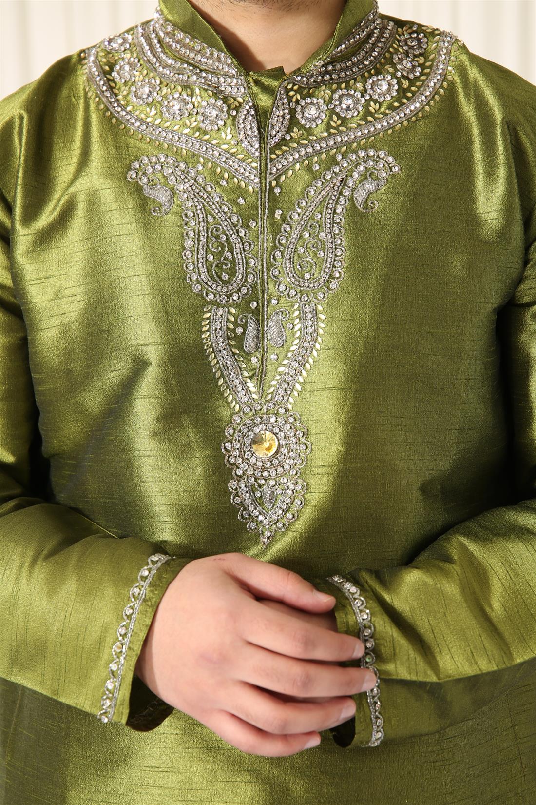 Green & Silver Embroidered Mens Kurta Pajama