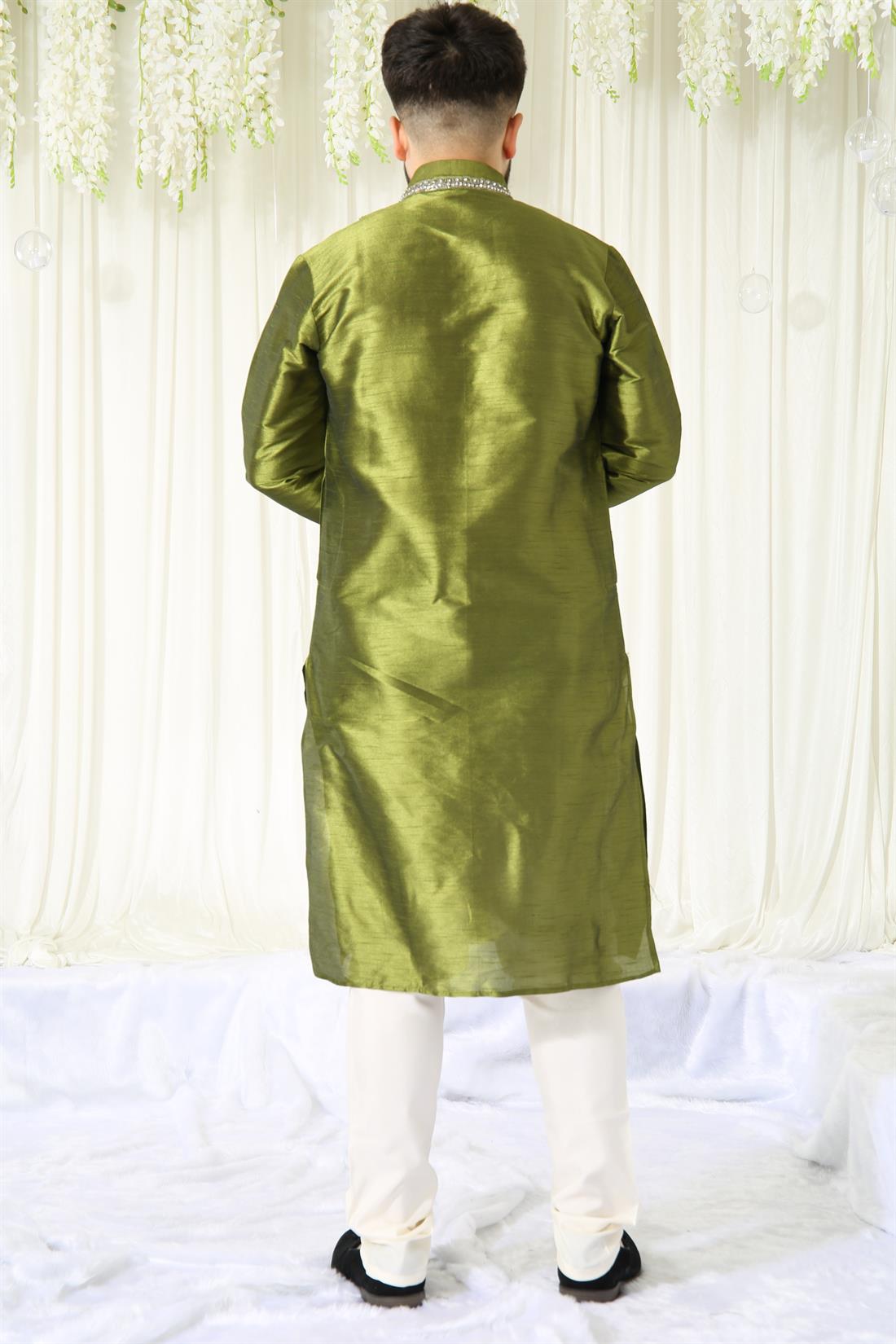 Green & Silver Embroidered Mens Kurta Pajama