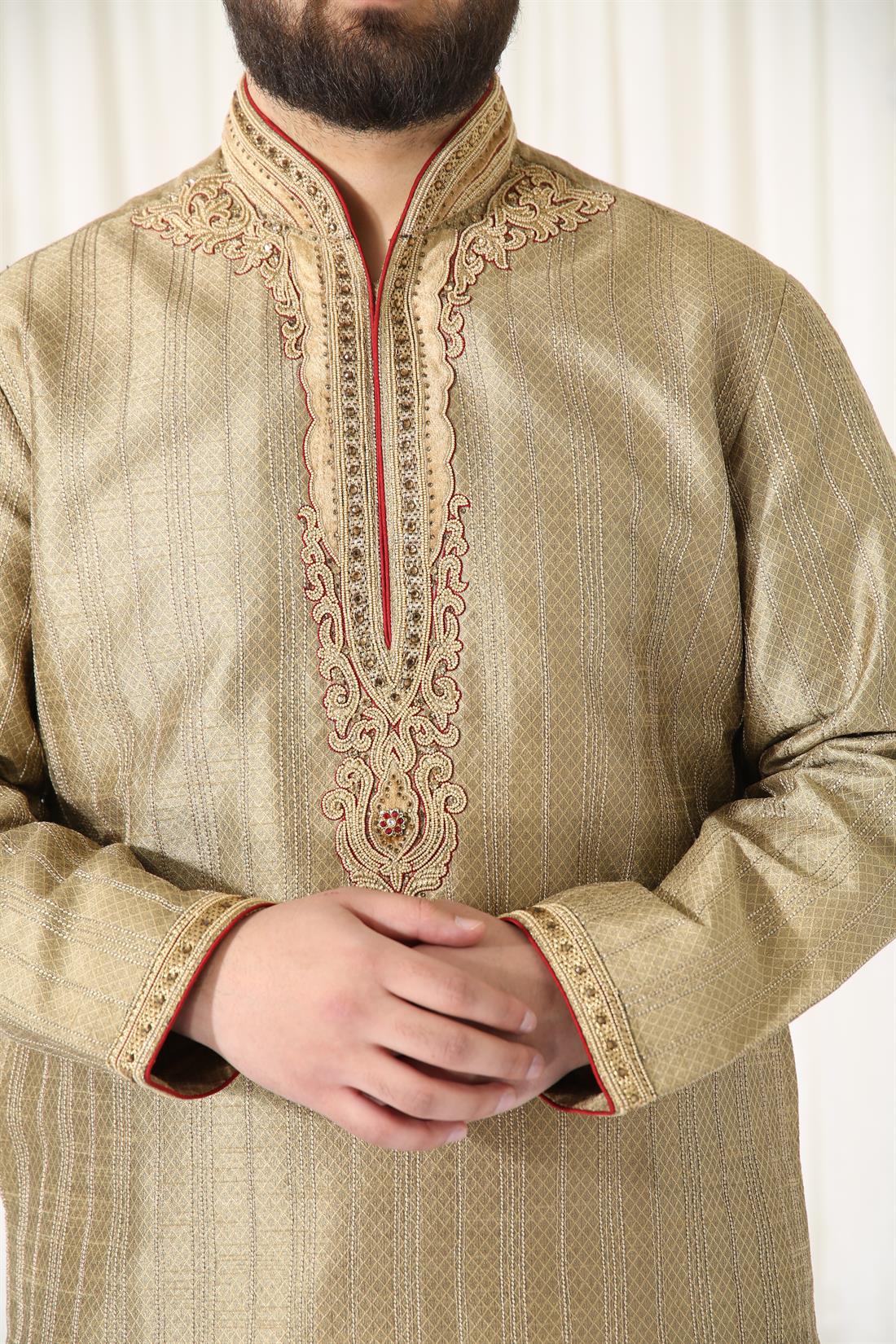 Gold Kurta with Embroidery and Touch of Maroon.