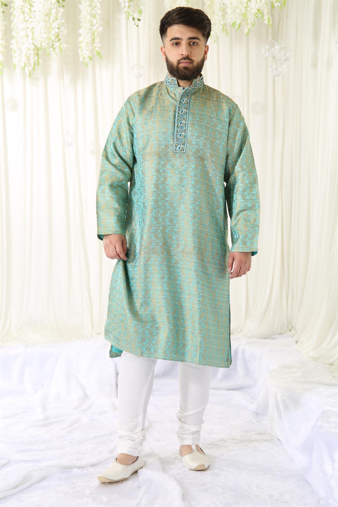 Turquoise & Gold and Print Kurta with Off White Pyjama.