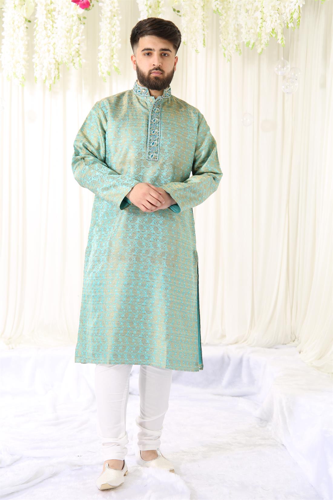 Turquoise & Gold and Print Kurta with Off White Pyjama.