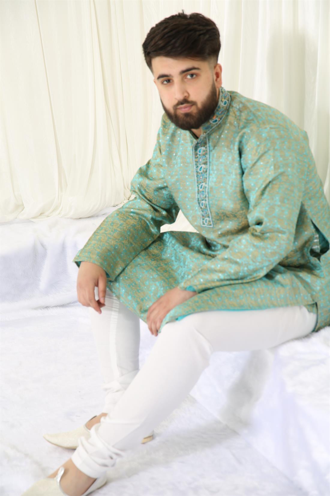 Turquoise & Gold and Print Kurta with Off White Pyjama.
