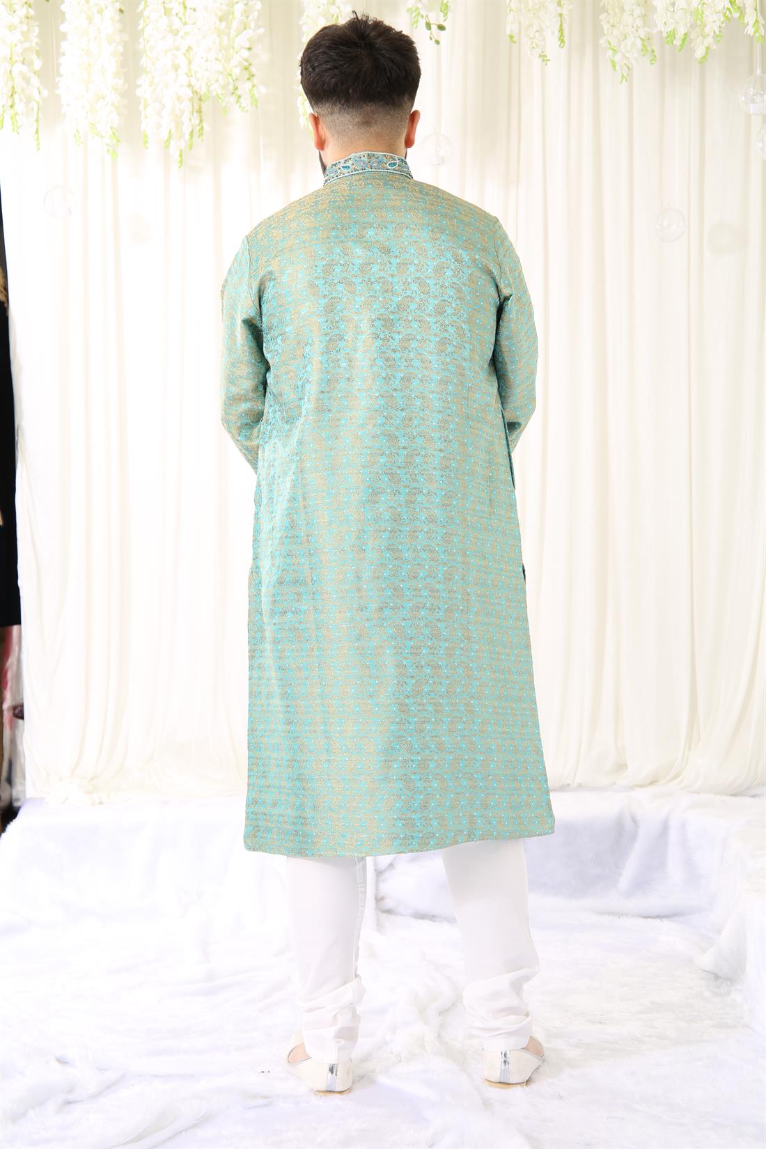 Turquoise & Gold and Print Kurta with Off White Pyjama.
