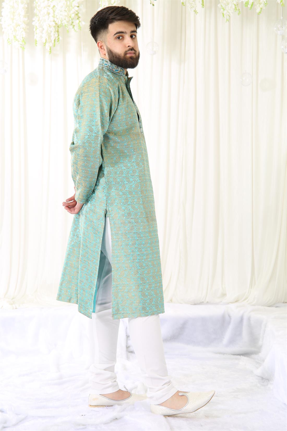 Turquoise & Gold and Print Kurta with Off White Pyjama.