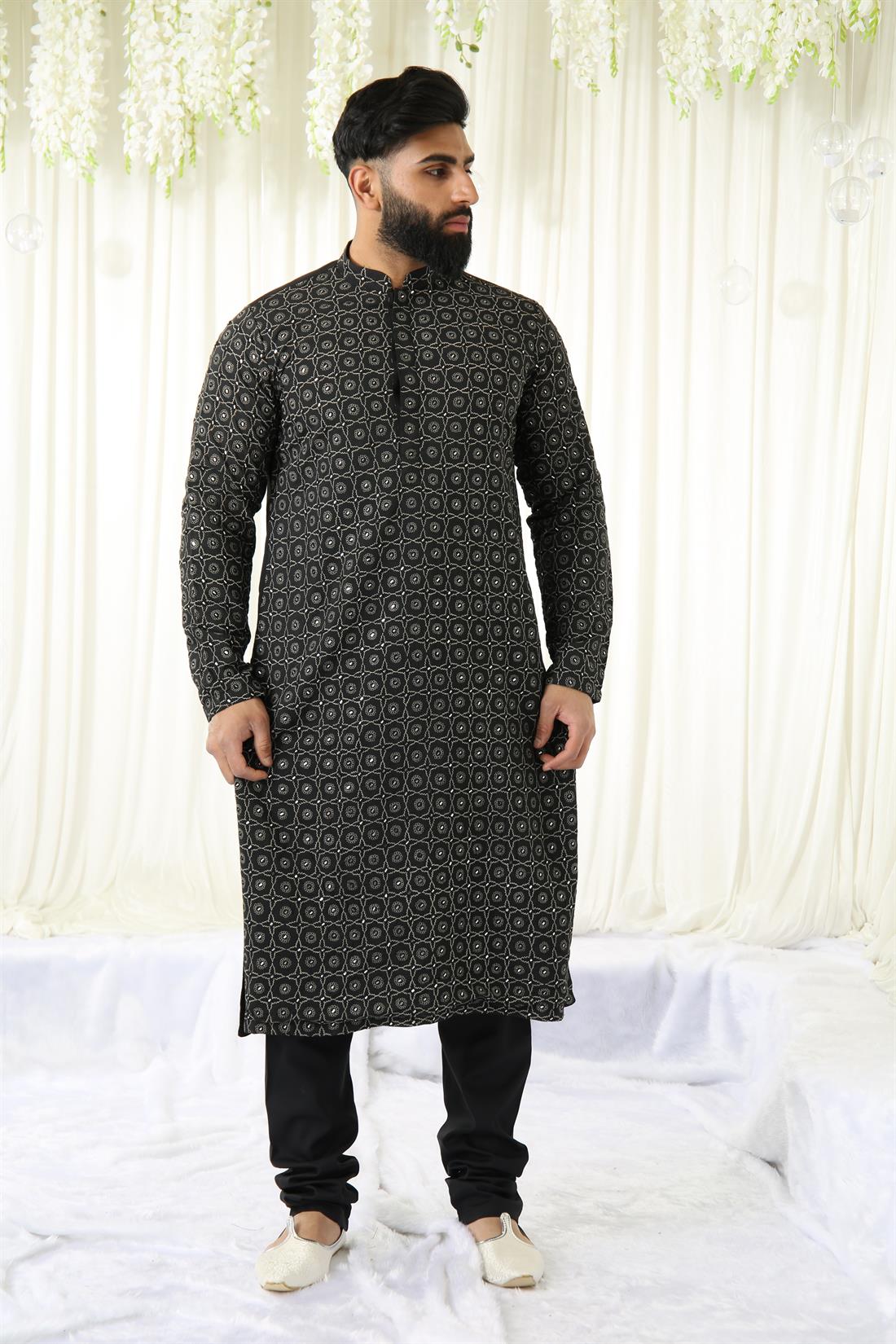 Black & Gold Embroidered Mens Kurta Pajama