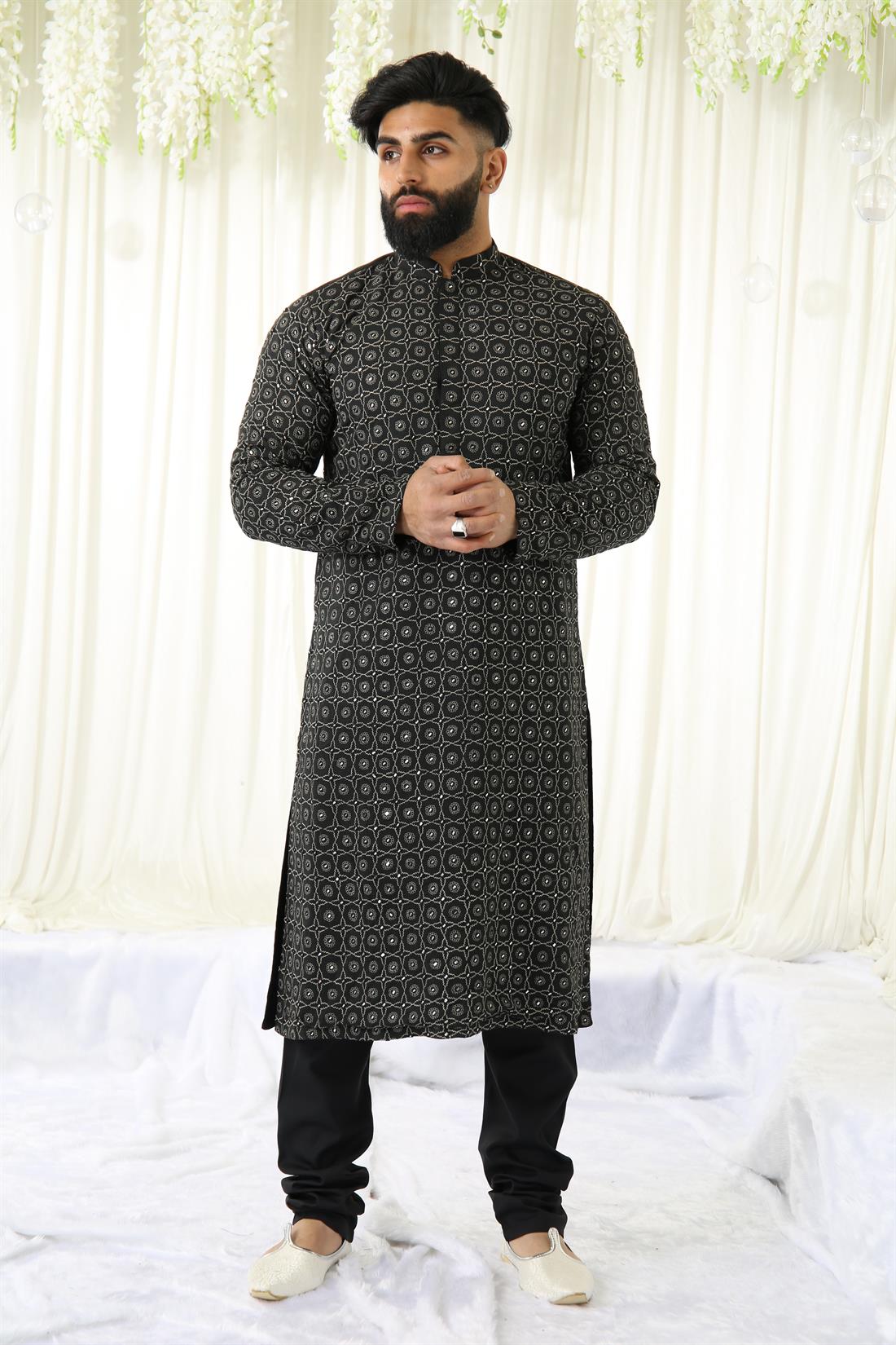 Black & Gold Embroidered Mens Kurta Pajama