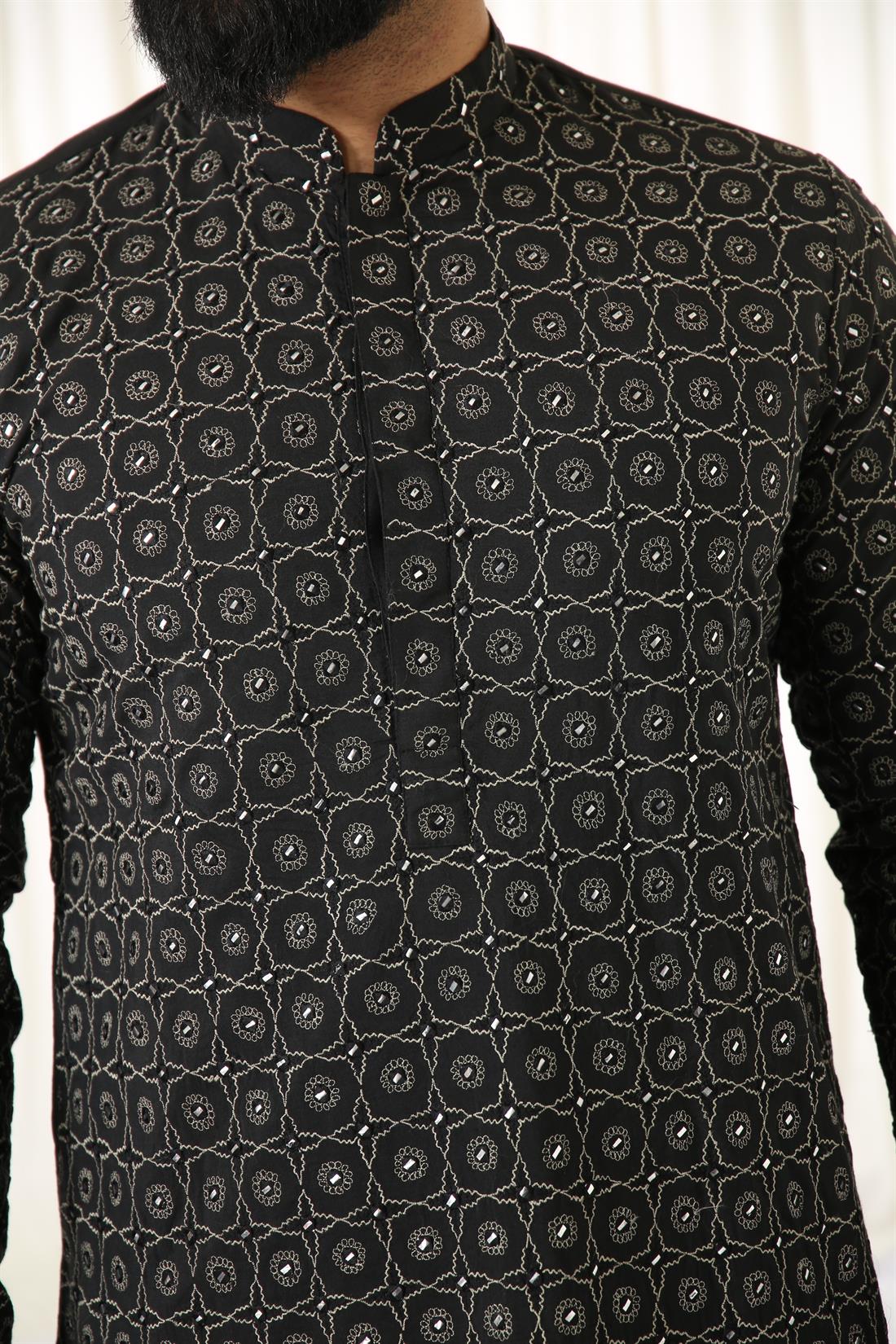 Black & Gold Embroidered Mens Kurta Pajama
