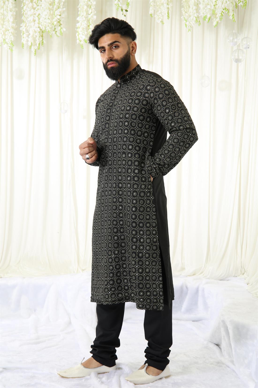 Black & Gold Embroidered Mens Kurta Pajama