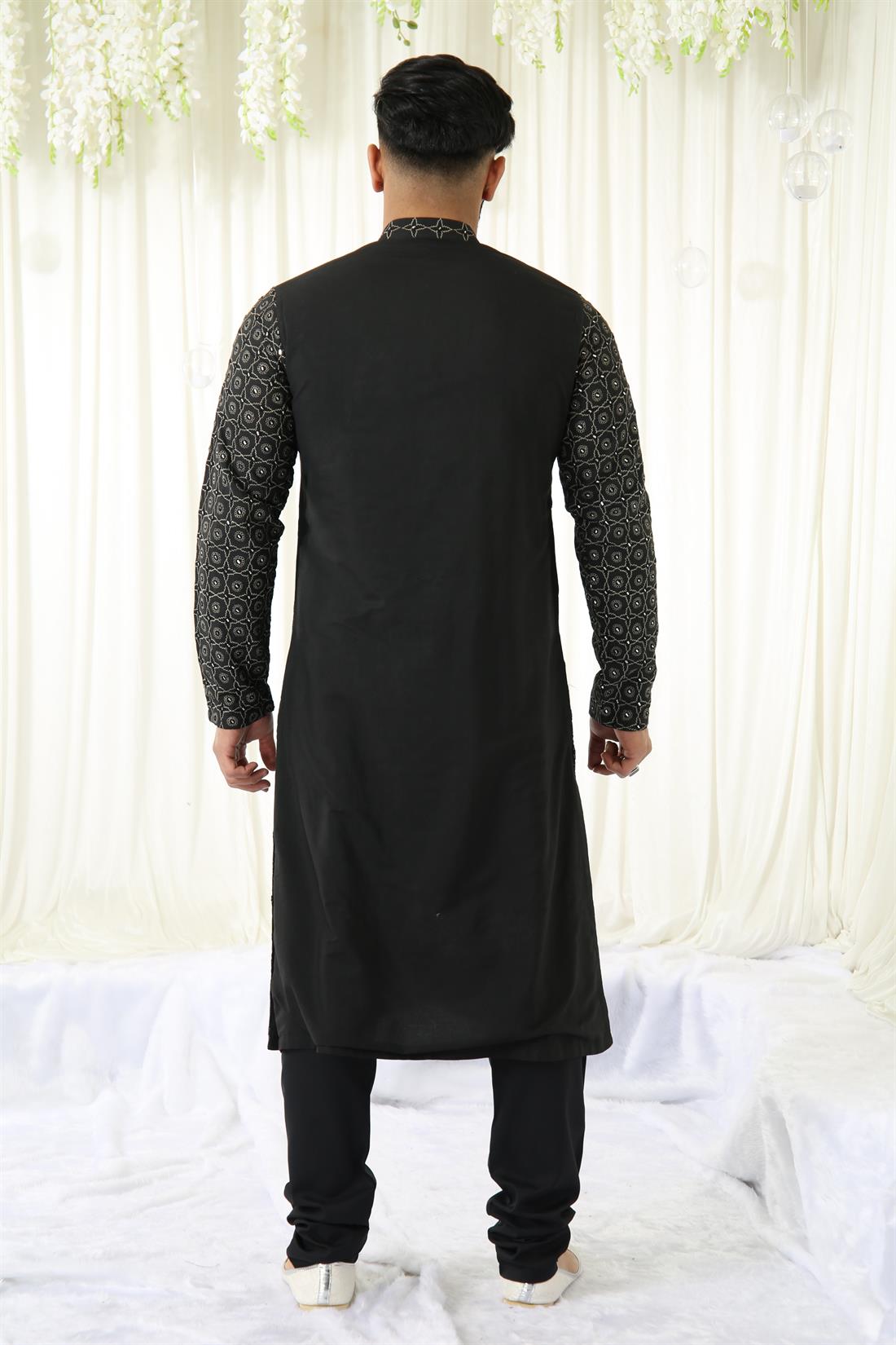 Black & Gold Embroidered Mens Kurta Pajama