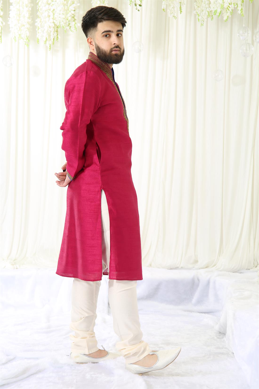 Fuchia Embroidered Mens Kurta Pajama