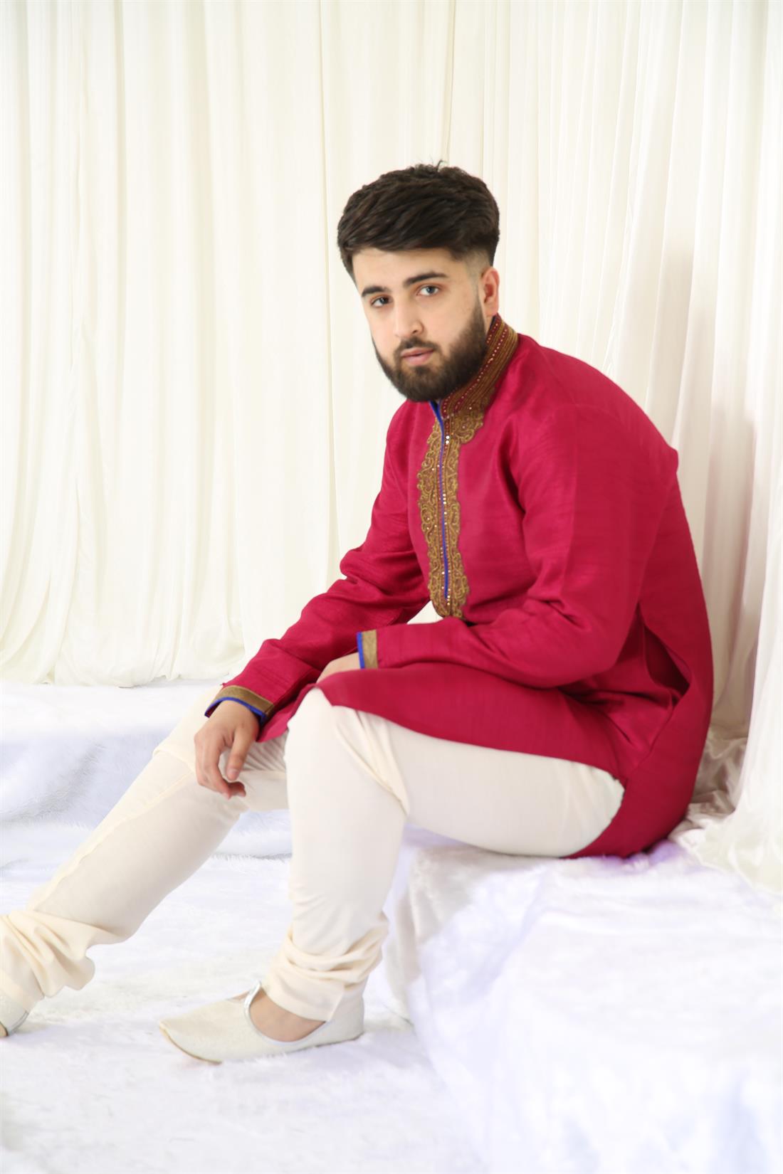 Fuchia Embroidered Mens Kurta Pajama