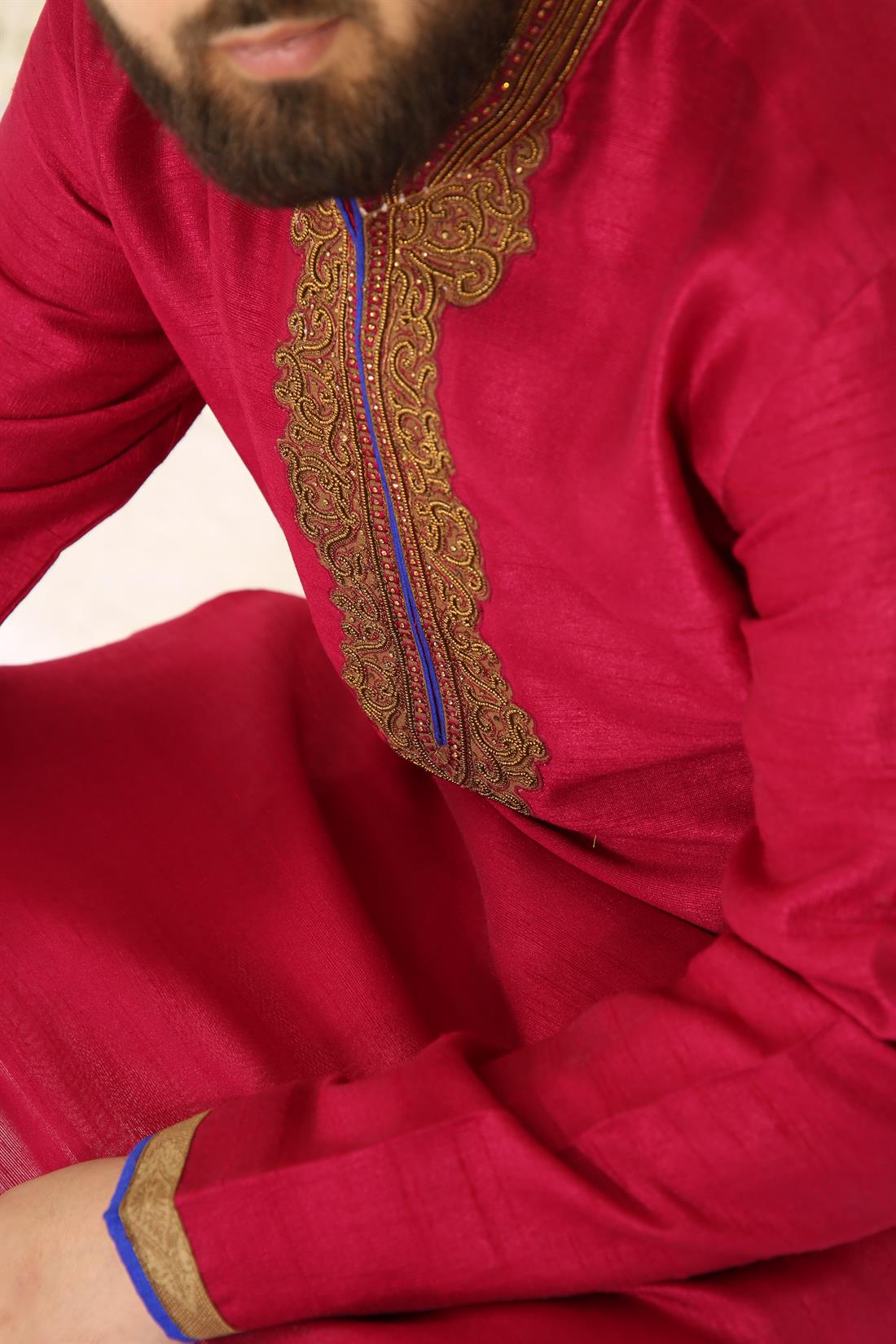 Fuchia Embroidered Mens Kurta Pajama