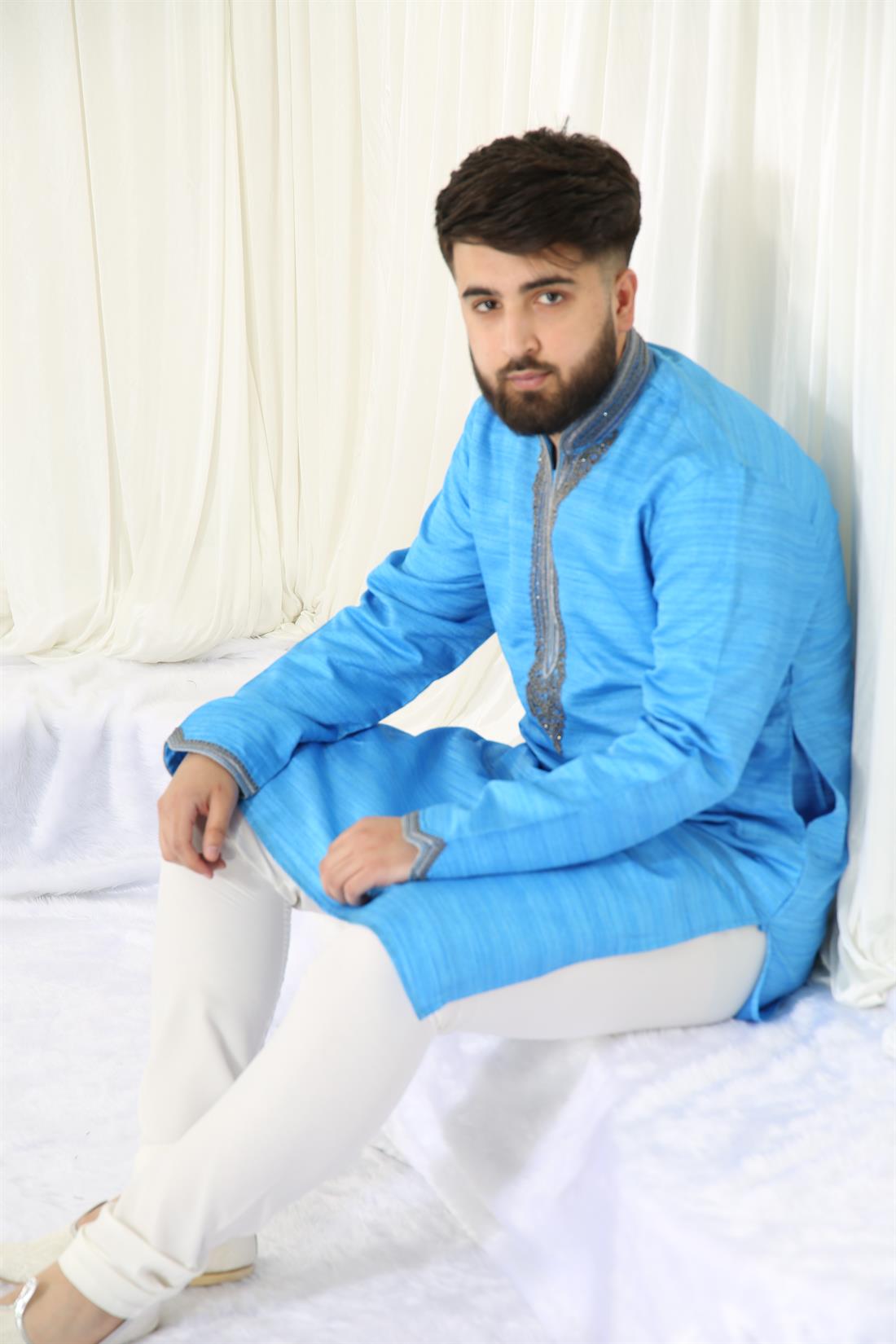 Blue & Grey Kurta with Embroidery