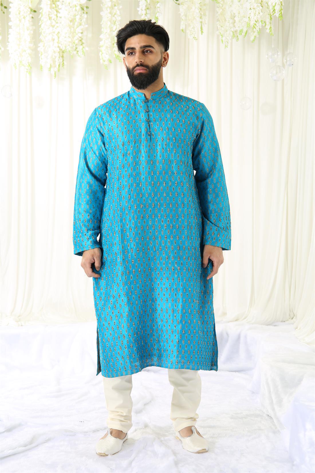 Turquoise & Gold Embroidered Mens Kurta Pajama