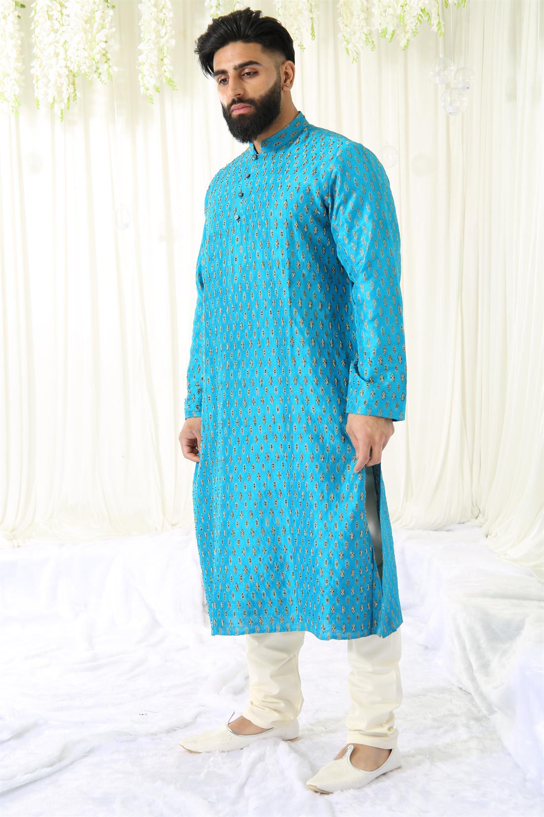 Turquoise & Gold Embroidered Mens Kurta Pajama