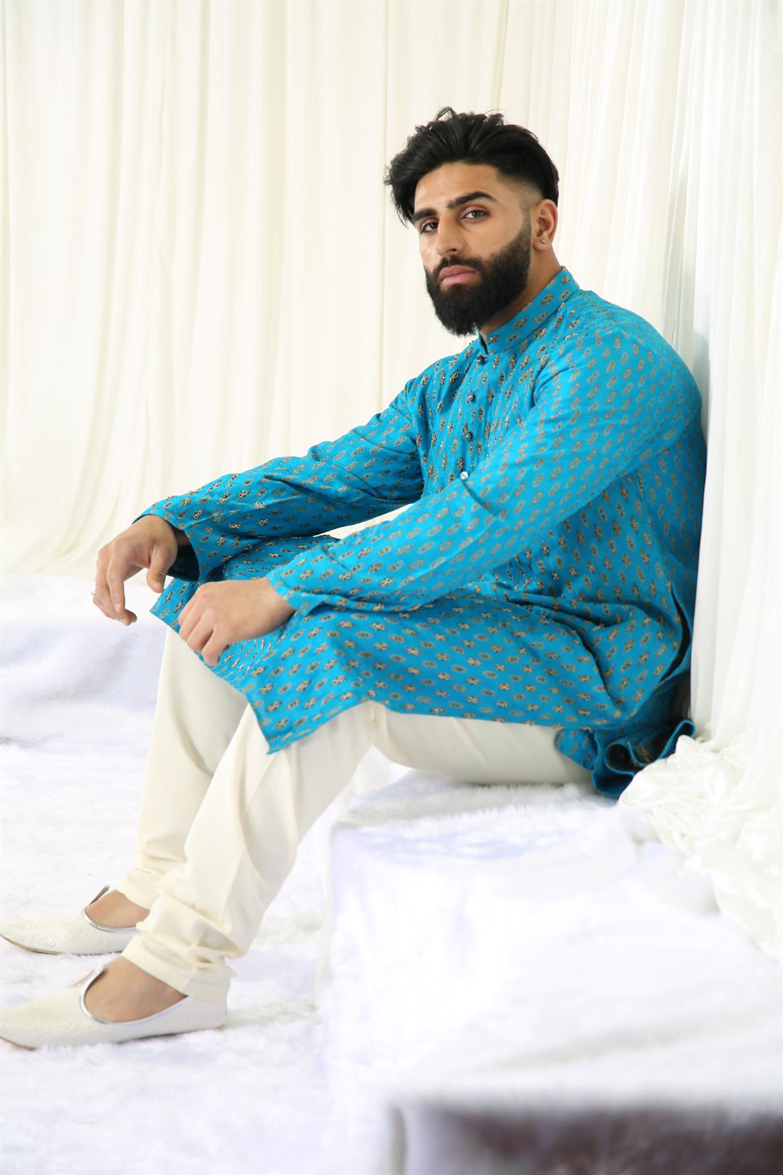 Turquoise & Gold Embroidered Mens Kurta Pajama
