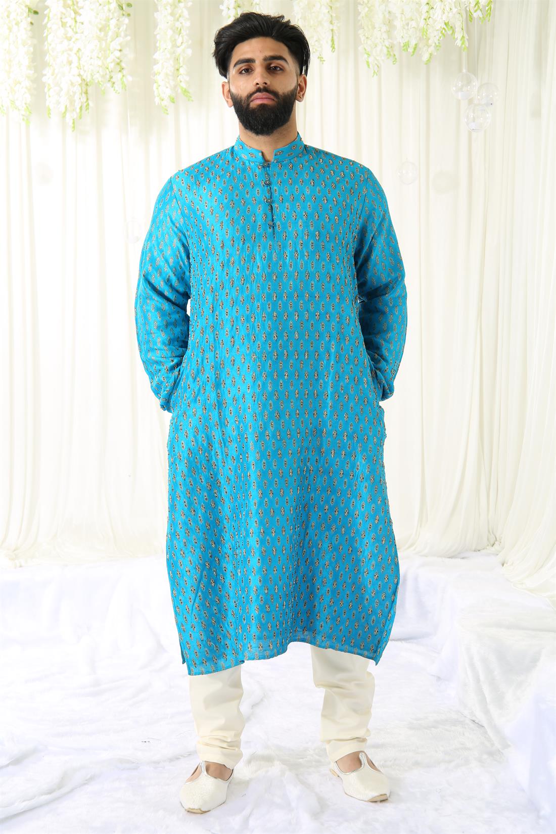Turquoise & Gold Embroidered Mens Kurta Pajama