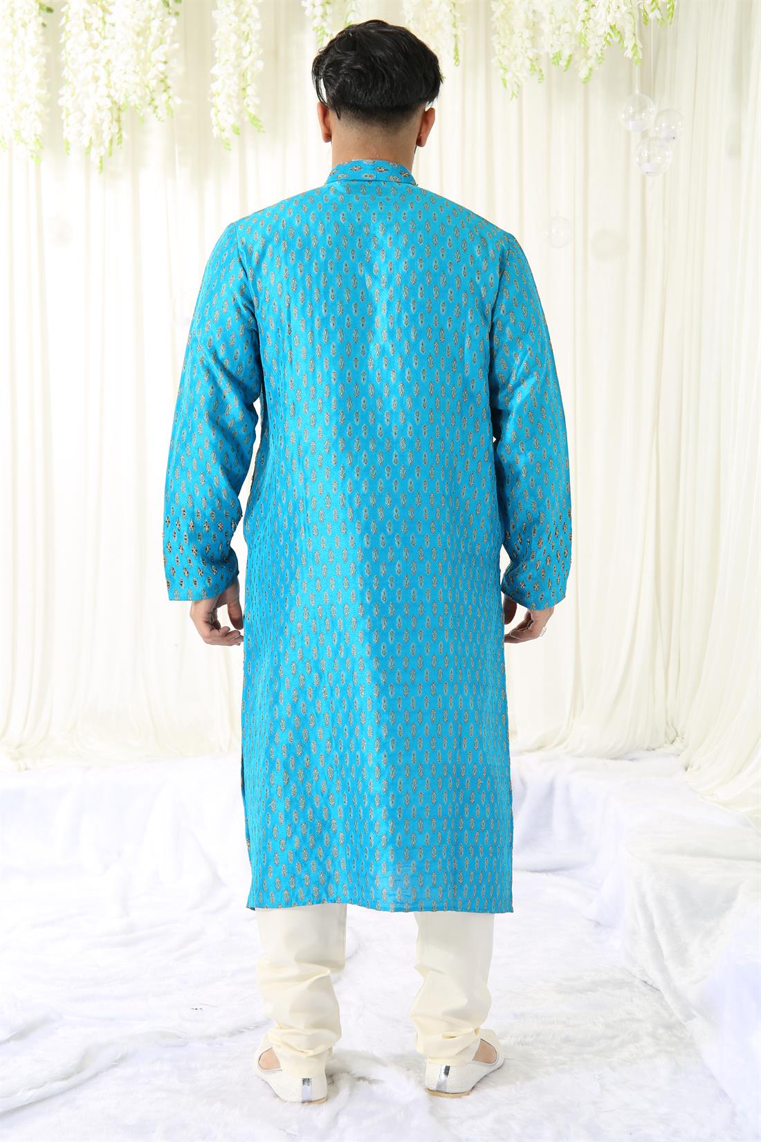 Turquoise & Gold Embroidered Mens Kurta Pajama