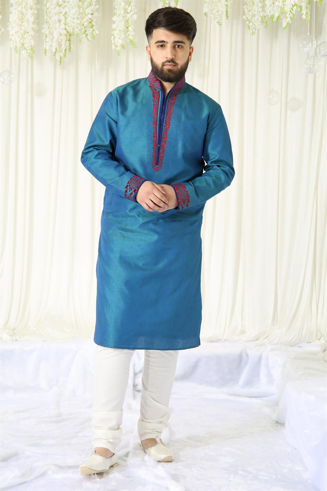 Blue Kurta with Cream Pyjama.