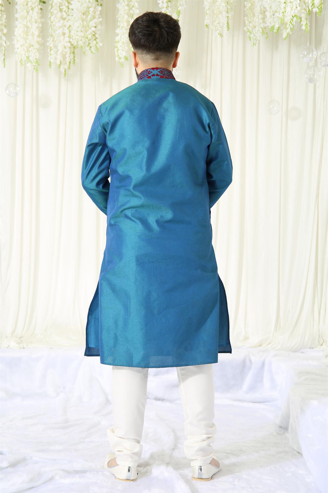 Blue Kurta with Cream Pyjama.