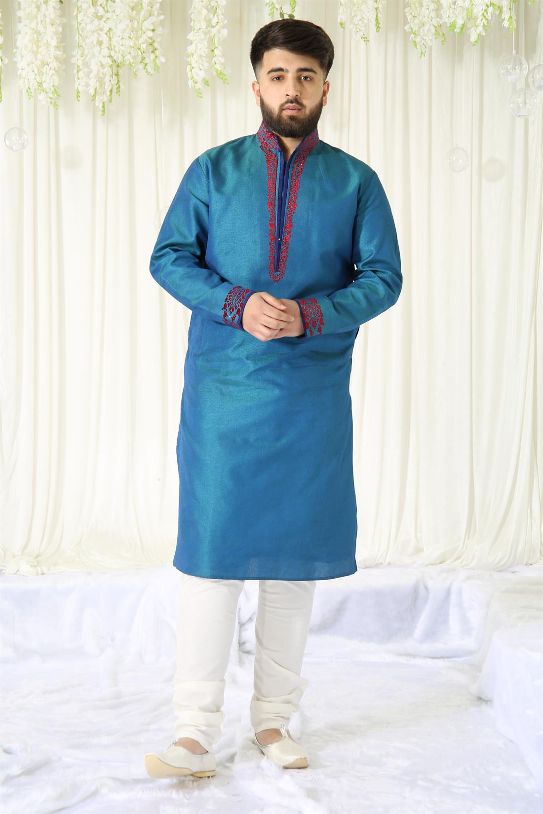 Blue Kurta with Cream Pyjama.