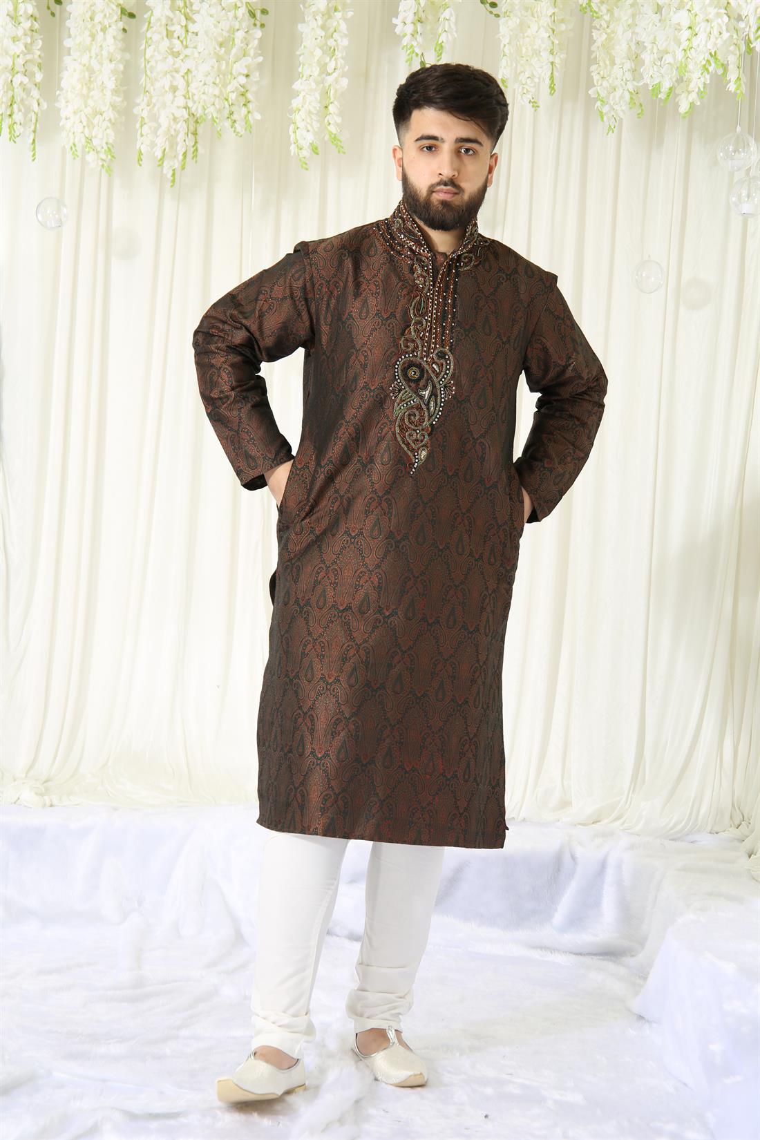 Brown & Green and Banarasi Fabric Multicoloured Embroidery .