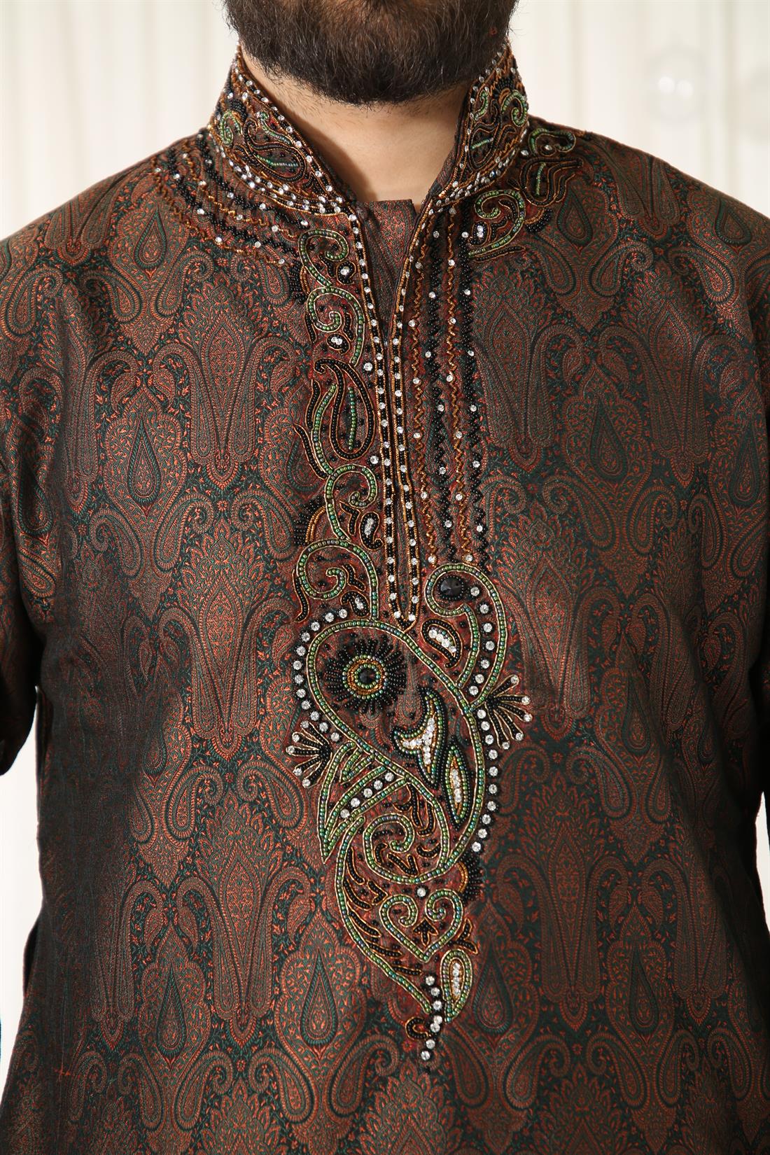 Brown & Green and Banarasi Fabric Multicoloured Embroidery .