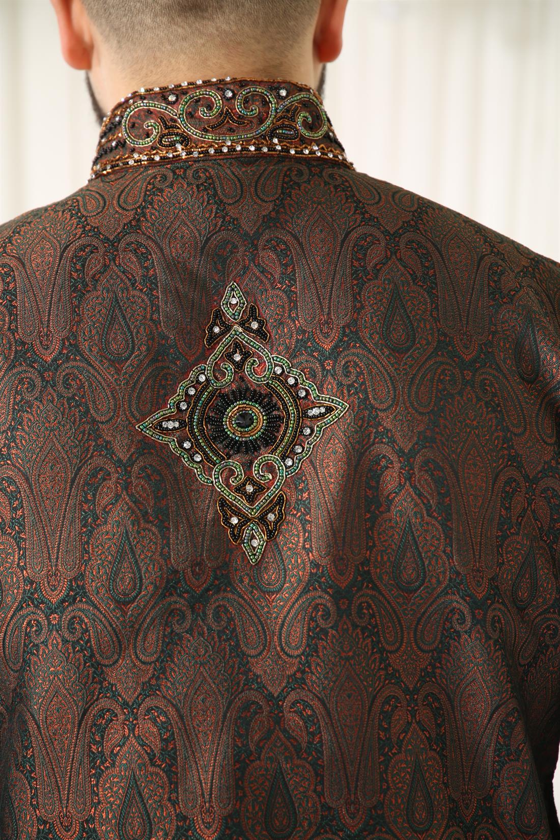 Brown & Green and Banarasi Fabric Multicoloured Embroidery .