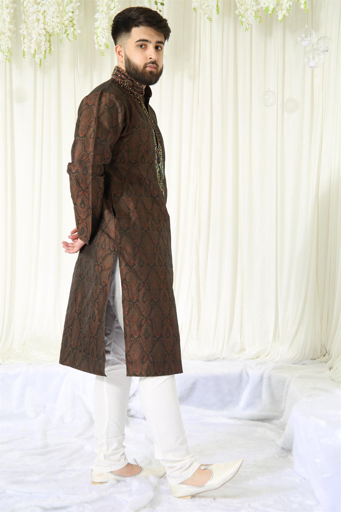 Brown & Green and Banarasi Fabric Multicoloured Embroidery .