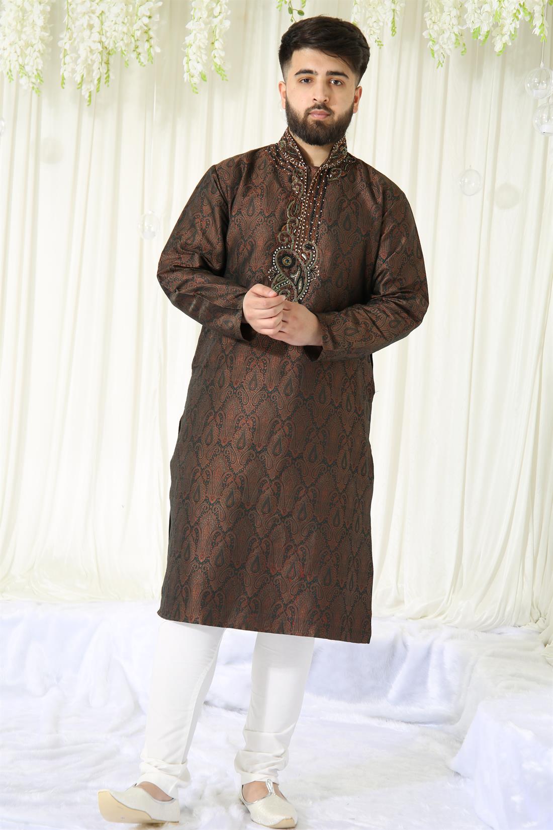 Brown & Green and Banarasi Fabric Multicoloured Embroidery .