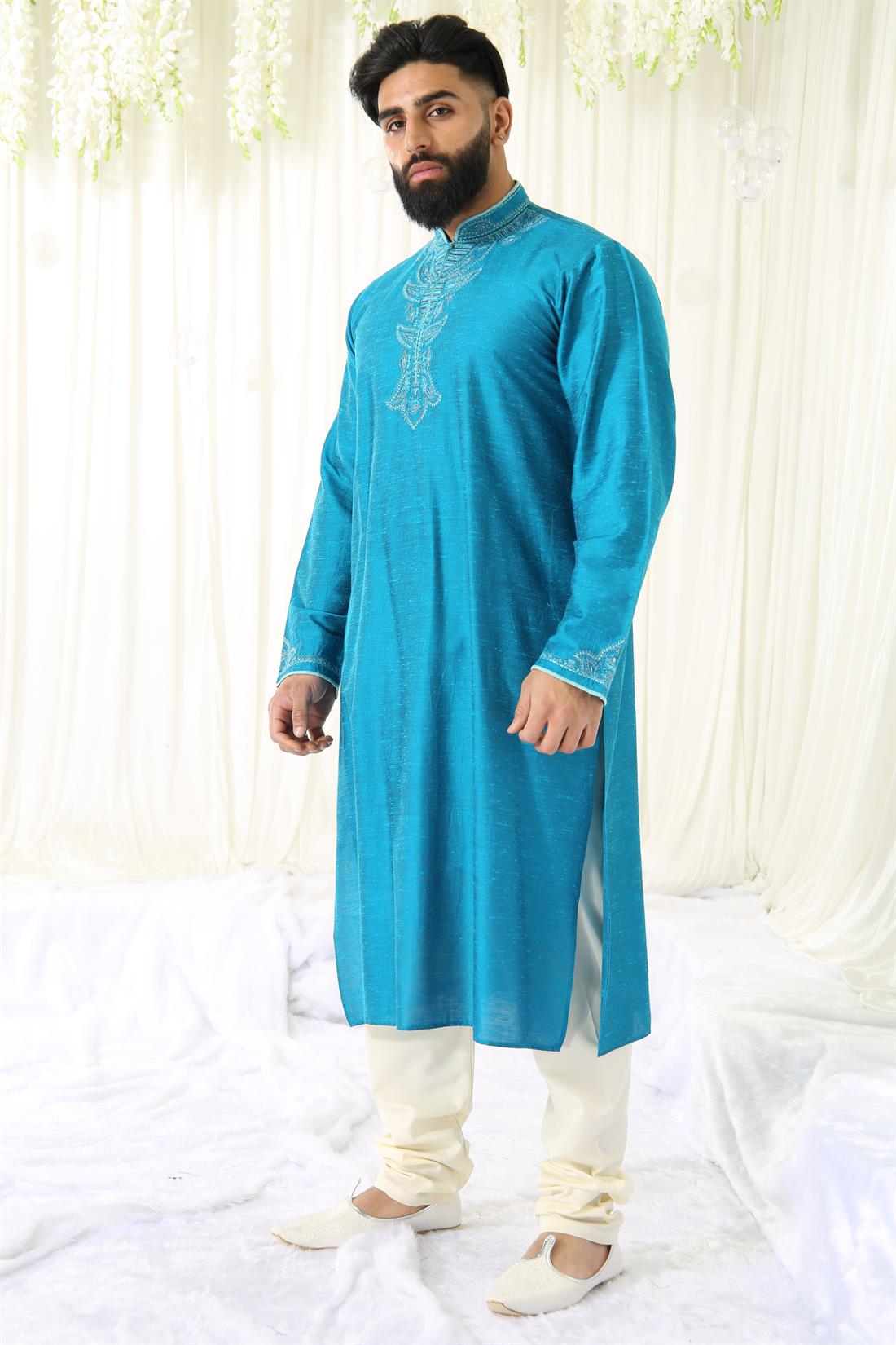 Teal Kurta with Off White Pyjama.