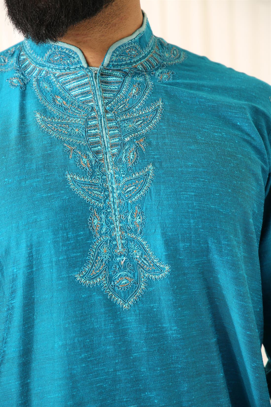 Teal Kurta with Off White Pyjama.