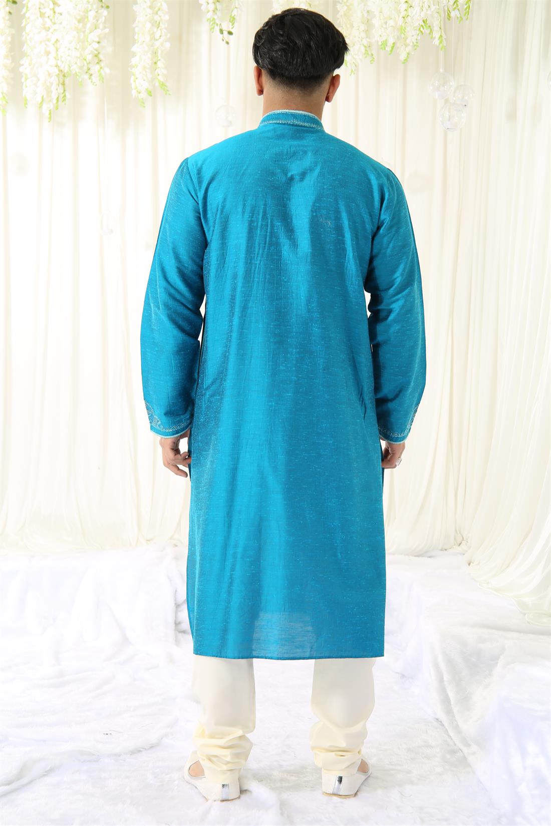 Teal Kurta with Off White Pyjama.
