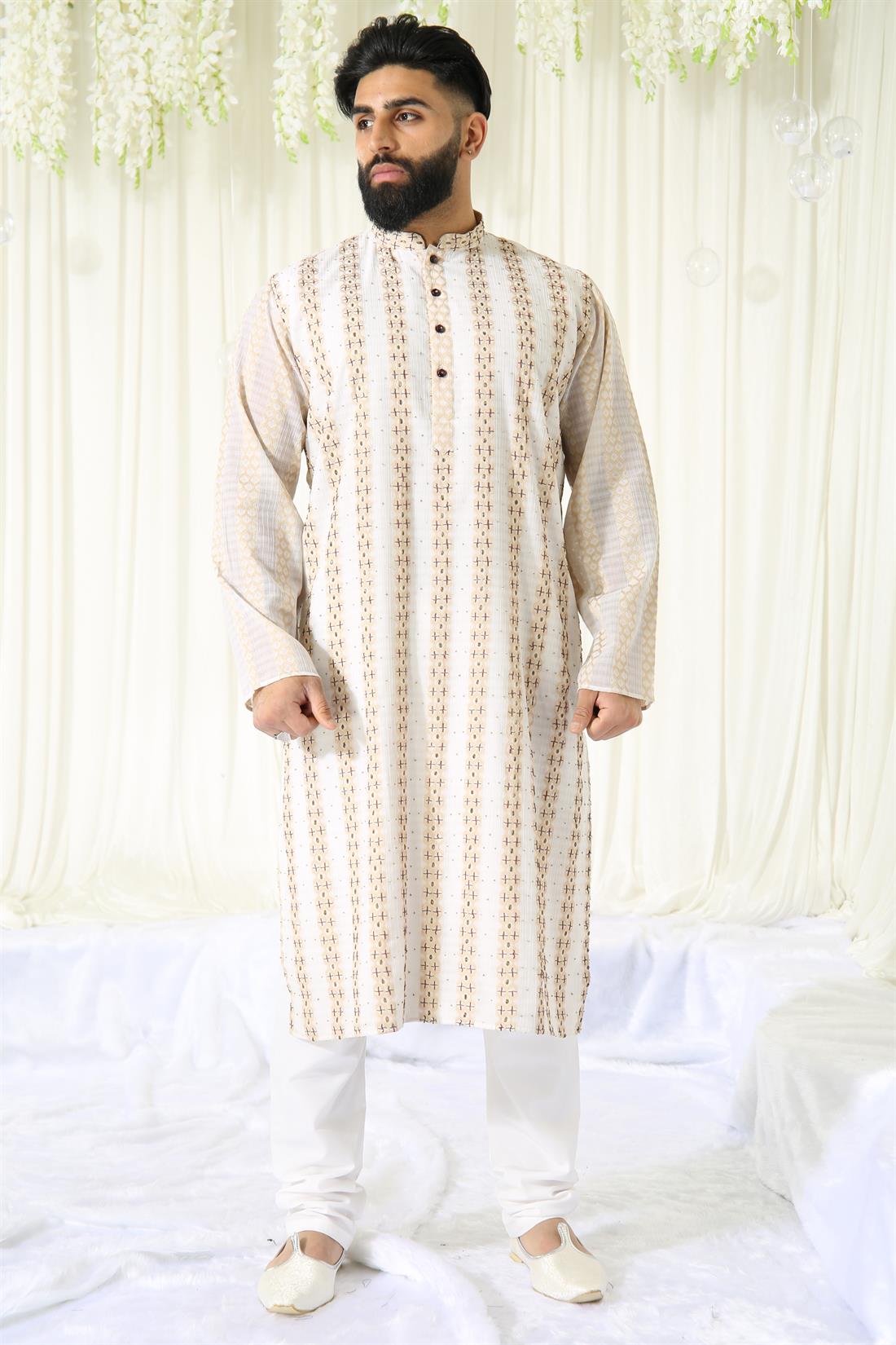 White & Gold Mens Kurta Pyjama Perfect for Any Occasion.