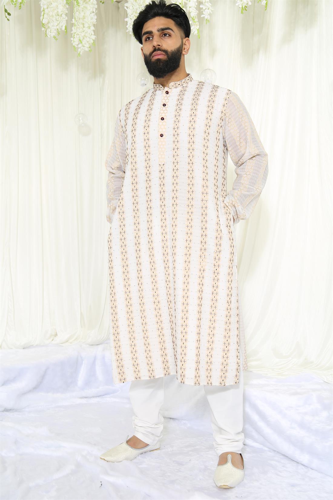 White & Gold Mens Kurta Pyjama Perfect for Any Occasion.
