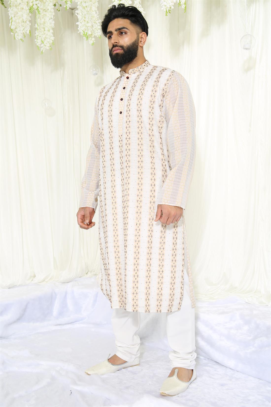 White & Gold Mens Kurta Pyjama Perfect for Any Occasion.