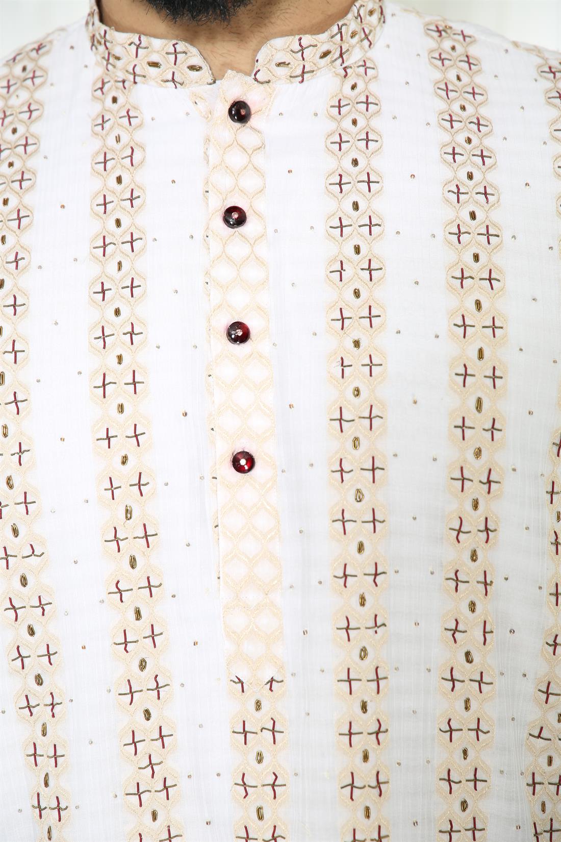 White & Gold Mens Kurta Pyjama Perfect for Any Occasion.