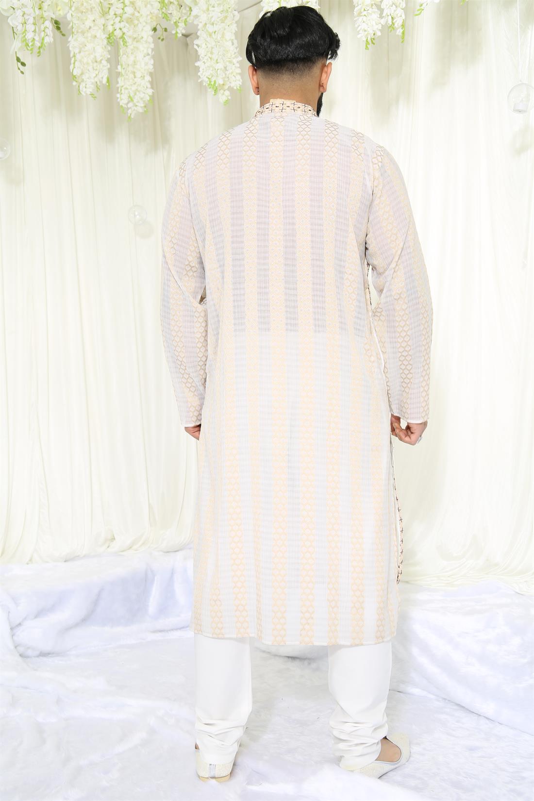 White & Gold Mens Kurta Pyjama Perfect for Any Occasion.