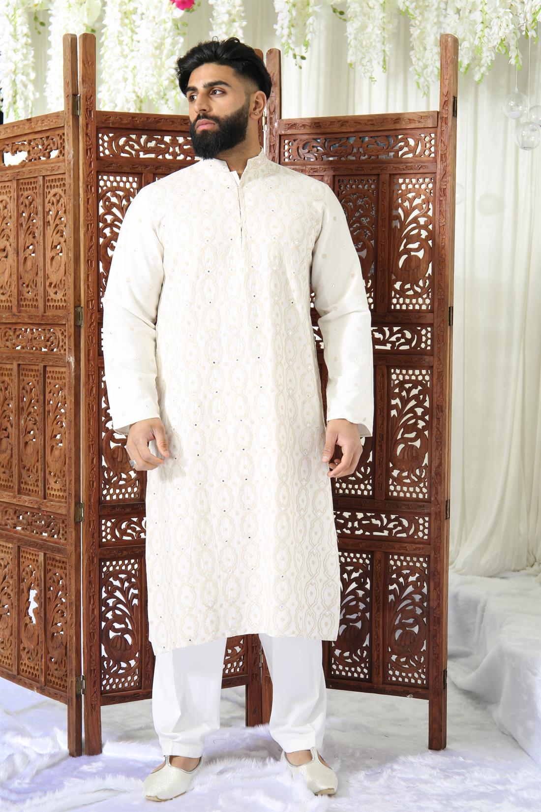 Off White Embroidered Mens Shalwar Kameez