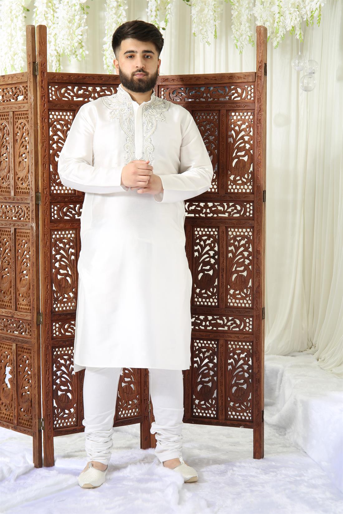 Off White Embroidered Mens Kurta Pajama