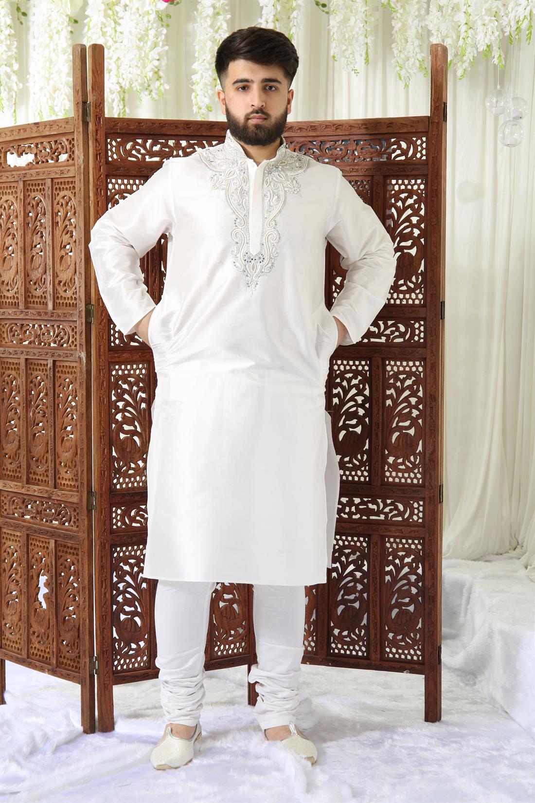Off White Embroidered Mens Kurta Pajama