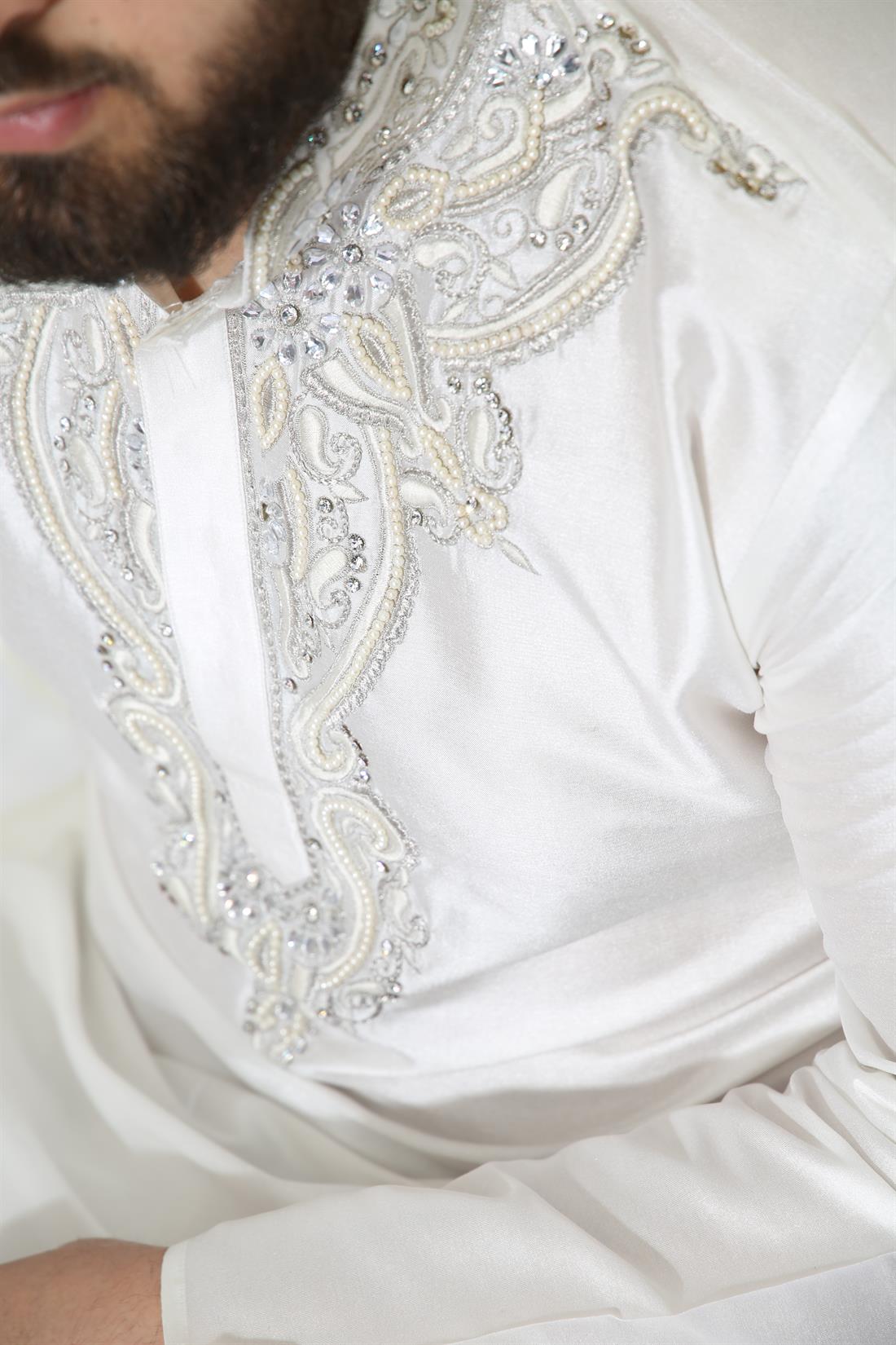 Off White Embroidered Mens Kurta Pajama