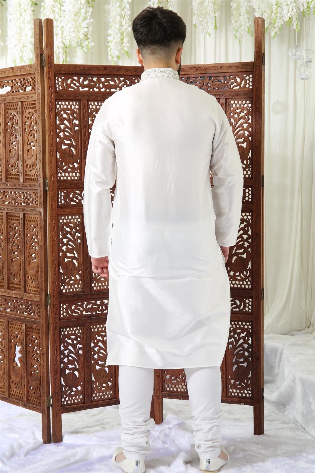Off White Embroidered Mens Kurta Pajama