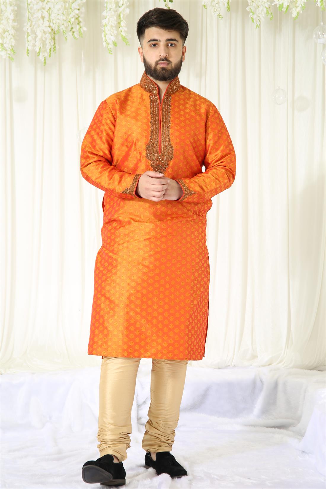 Orange Brocade Kurta with Gold Embroidery Comes Pyjama.