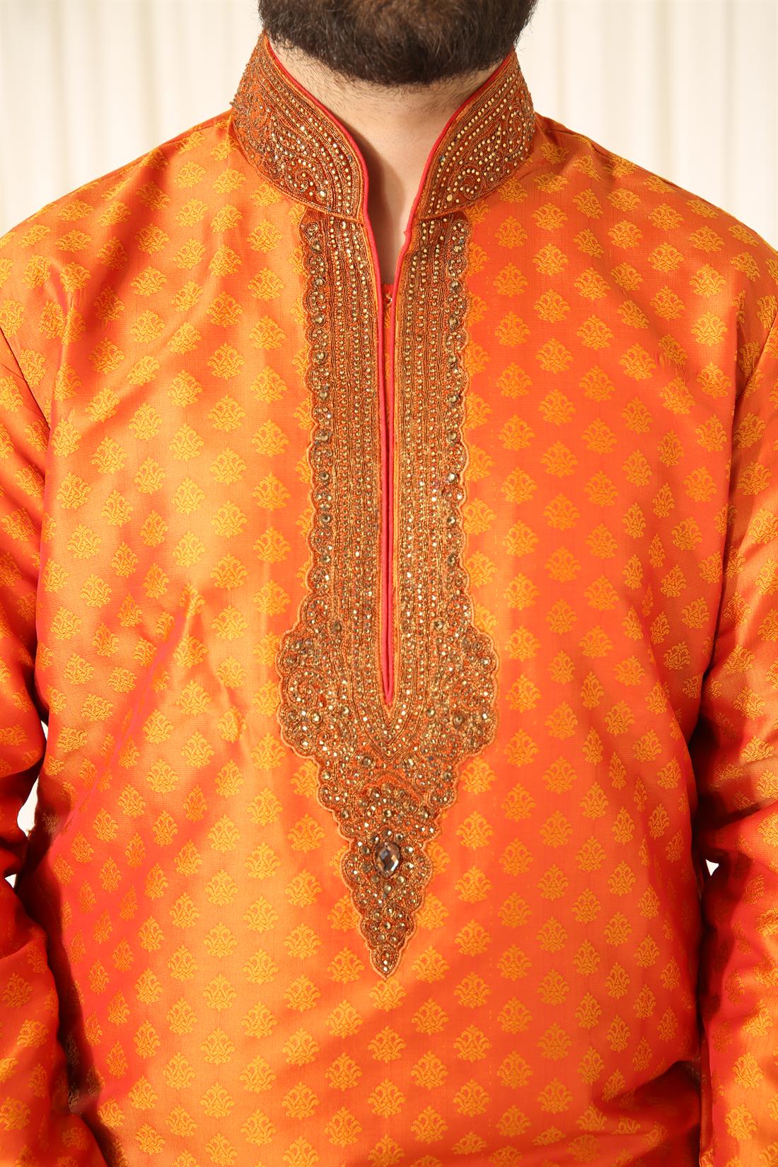 Orange Brocade Kurta with Gold Embroidery Comes Pyjama.
