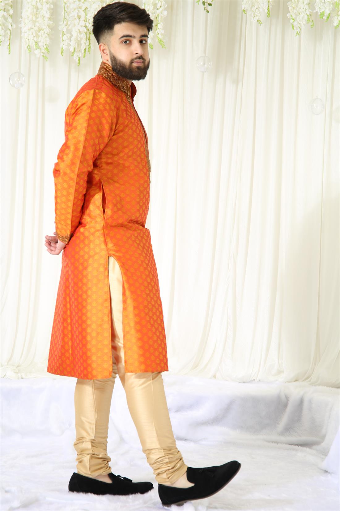 Orange Brocade Kurta with Gold Embroidery Comes Pyjama.
