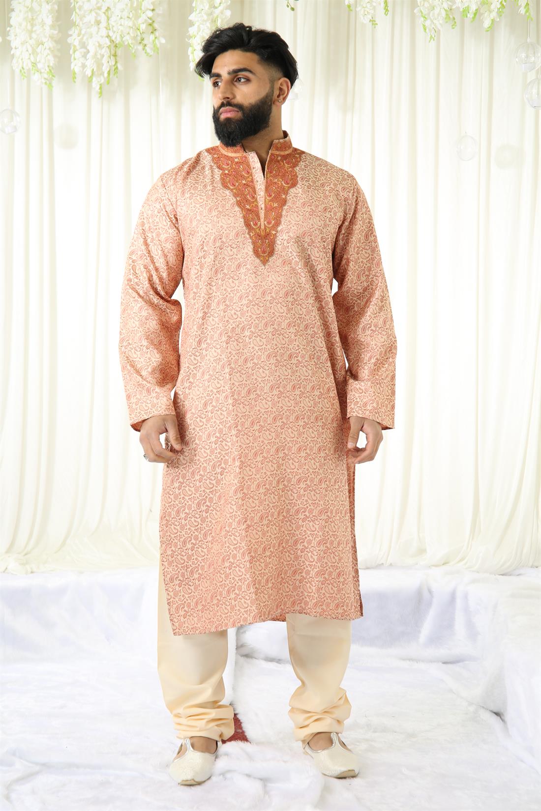 Peach Brocade Kurta Comes with Pyjama.
