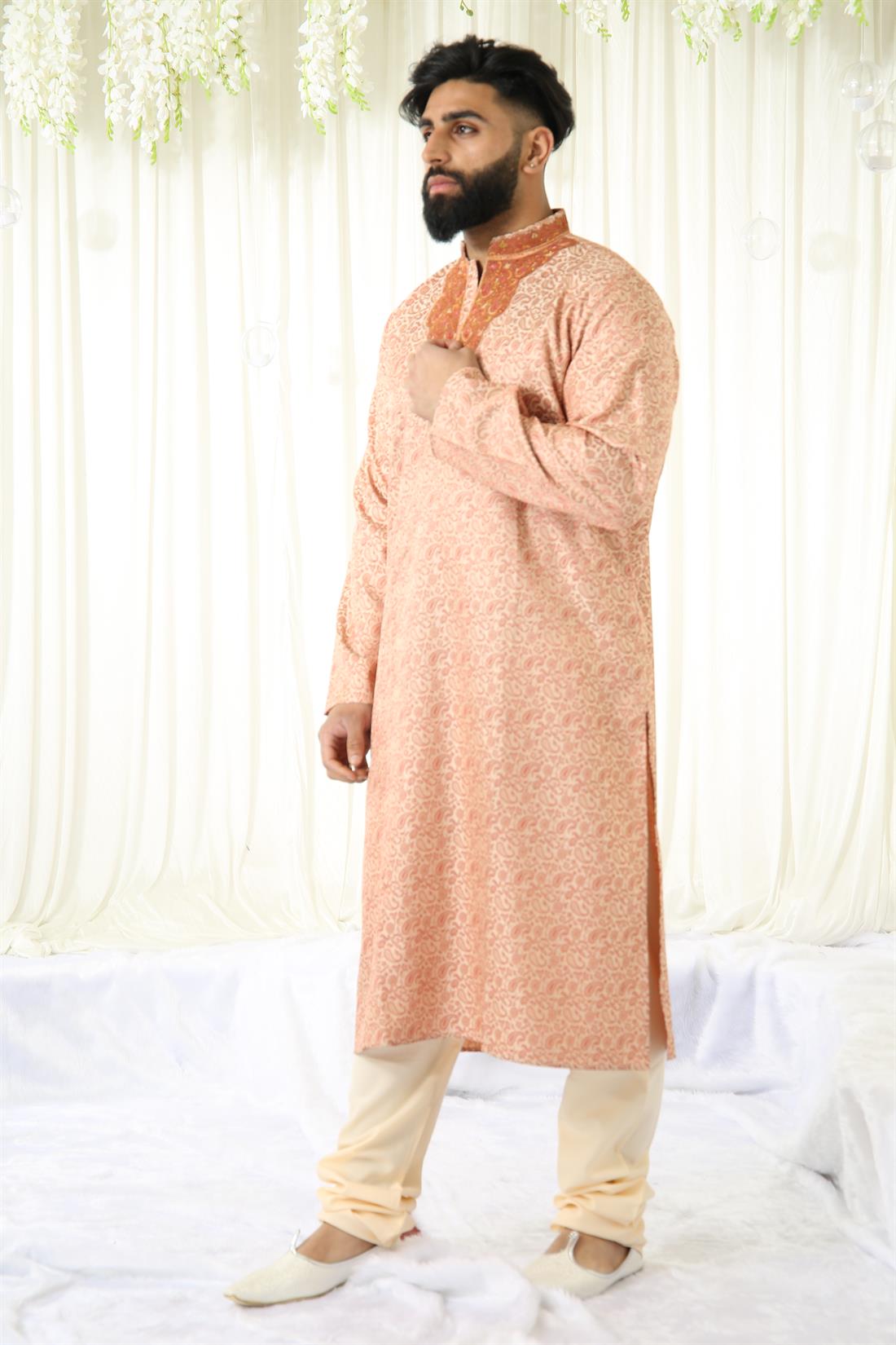 Peach Brocade Kurta Comes with Pyjama.