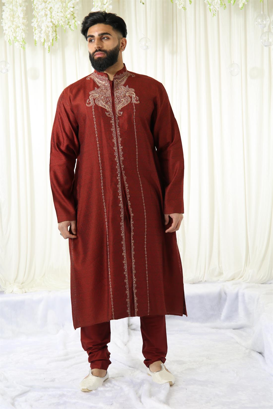 Maroon Brocade Kurta with Pyjama.