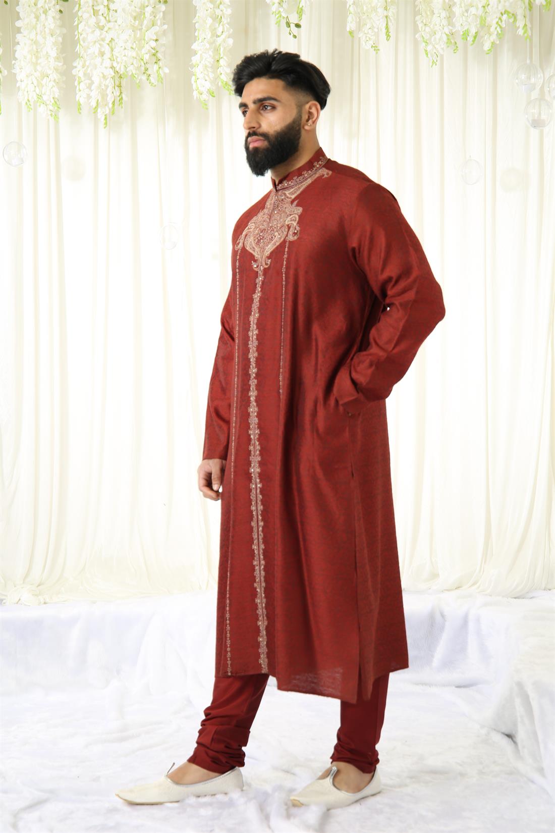 Maroon Brocade Kurta with Pyjama.